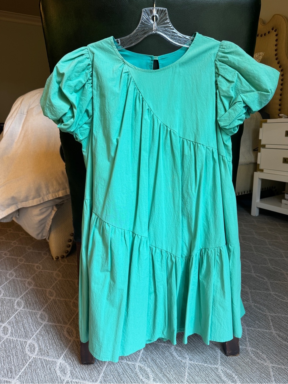 Womens Puff-Sleeve Tiered Dress in Teal
